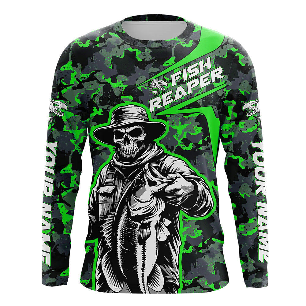 Custom Fish Reaper Skull Bass Long Sleeve Fishing, Bass Hunter Green Camo Fishing