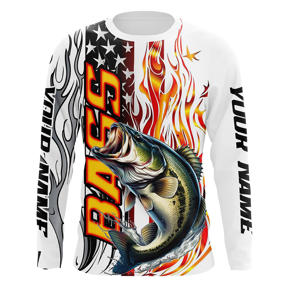 Flame American Flag Custom Bass Long Sleeve Fishing, Patriotic Bass Fishing