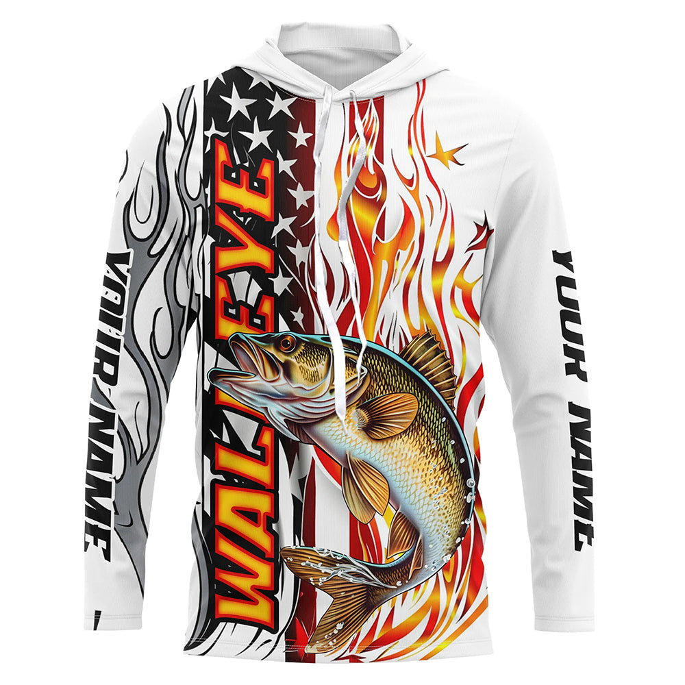 Flame American Flag Custom Walleye Long Sleeve Fishing, Patriotic Walleye Fishing