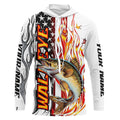 Flame American Flag Custom Walleye Long Sleeve Fishing, Patriotic Walleye Fishing
