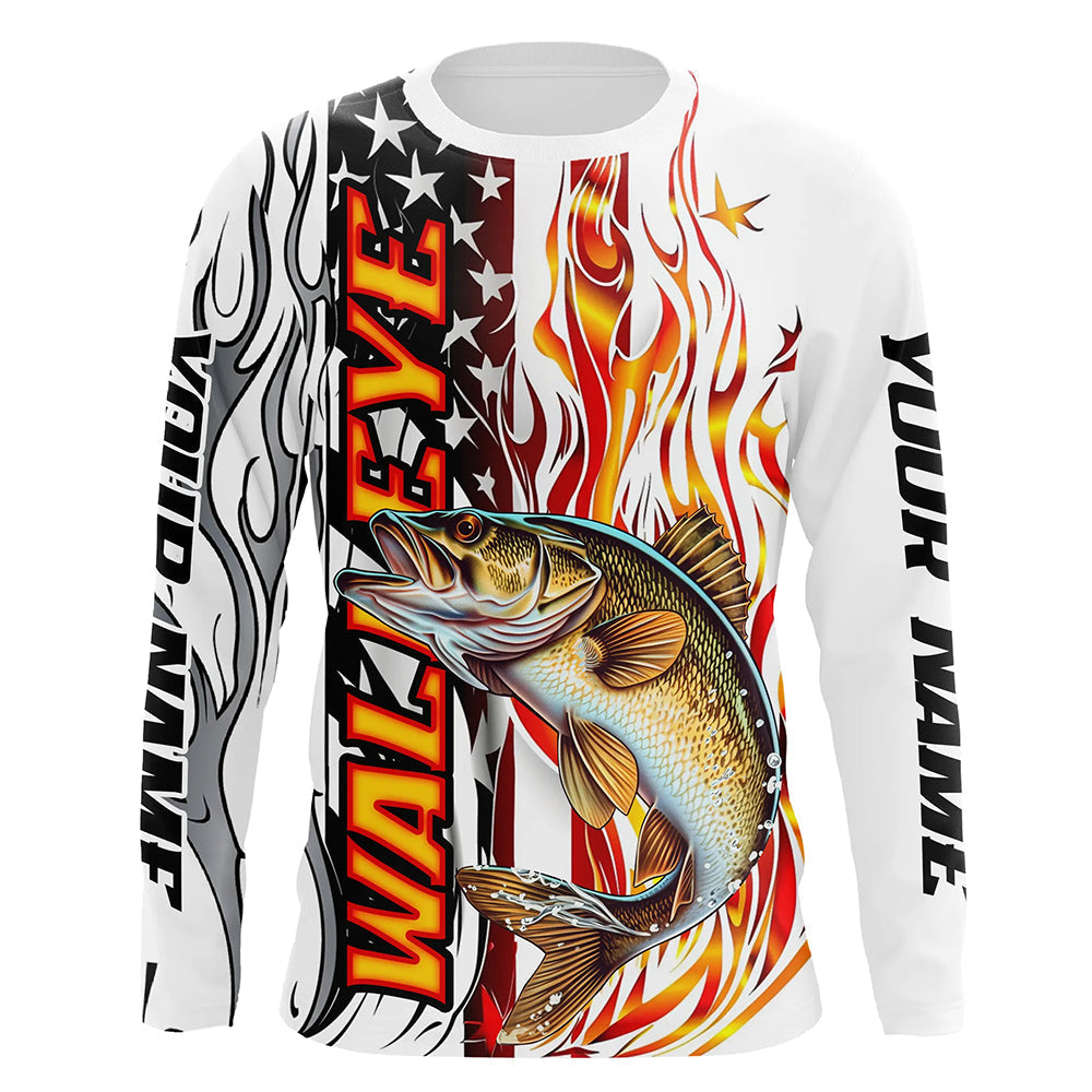 Flame American Flag Custom Walleye Long Sleeve Fishing, Patriotic Walleye Fishing