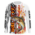 Flame American Flag Custom Walleye Long Sleeve Fishing, Patriotic Walleye Fishing