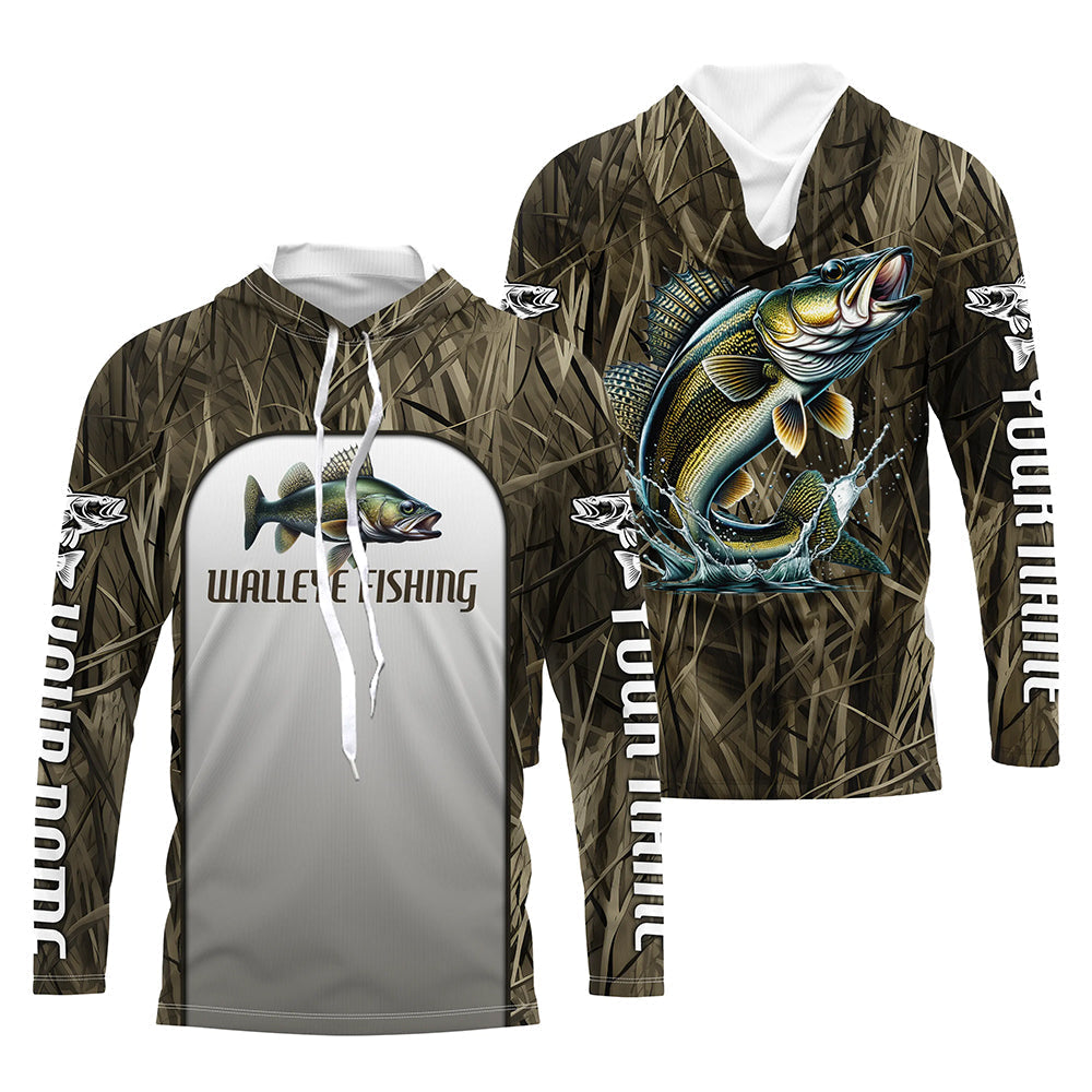Walleye Fishing Grass Camo Custom Long Sleeve Fishing, Walleye Tournament Fishing