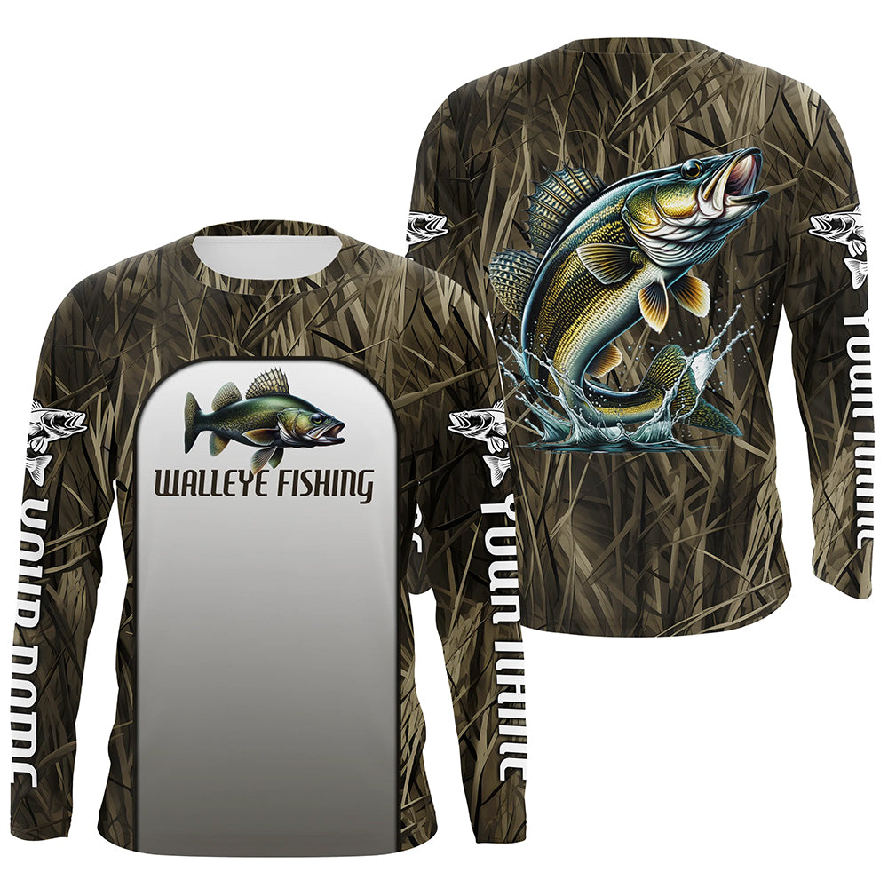 Walleye Fishing Grass Camo Custom Long Sleeve Fishing, Walleye Tournament Fishing