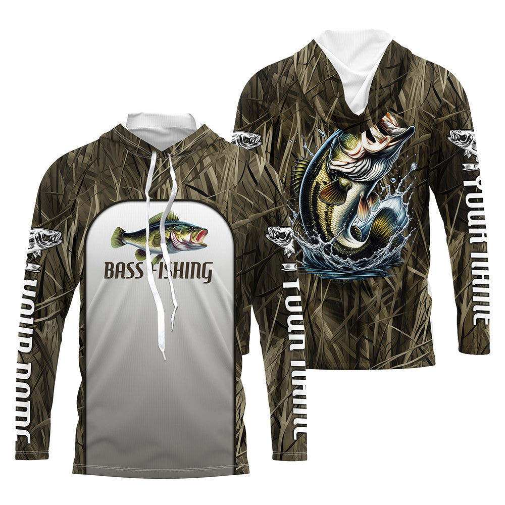 Largemouth Bass Fishing Grass Camo Custom Long Sleeve Fishing, Bass Tournament Fishing