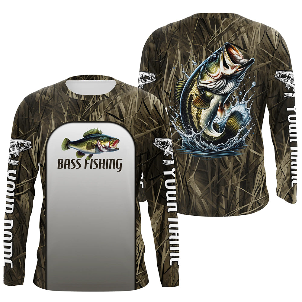 Largemouth Bass Fishing Grass Camo Custom Long Sleeve Fishing, Bass Tournament Fishing