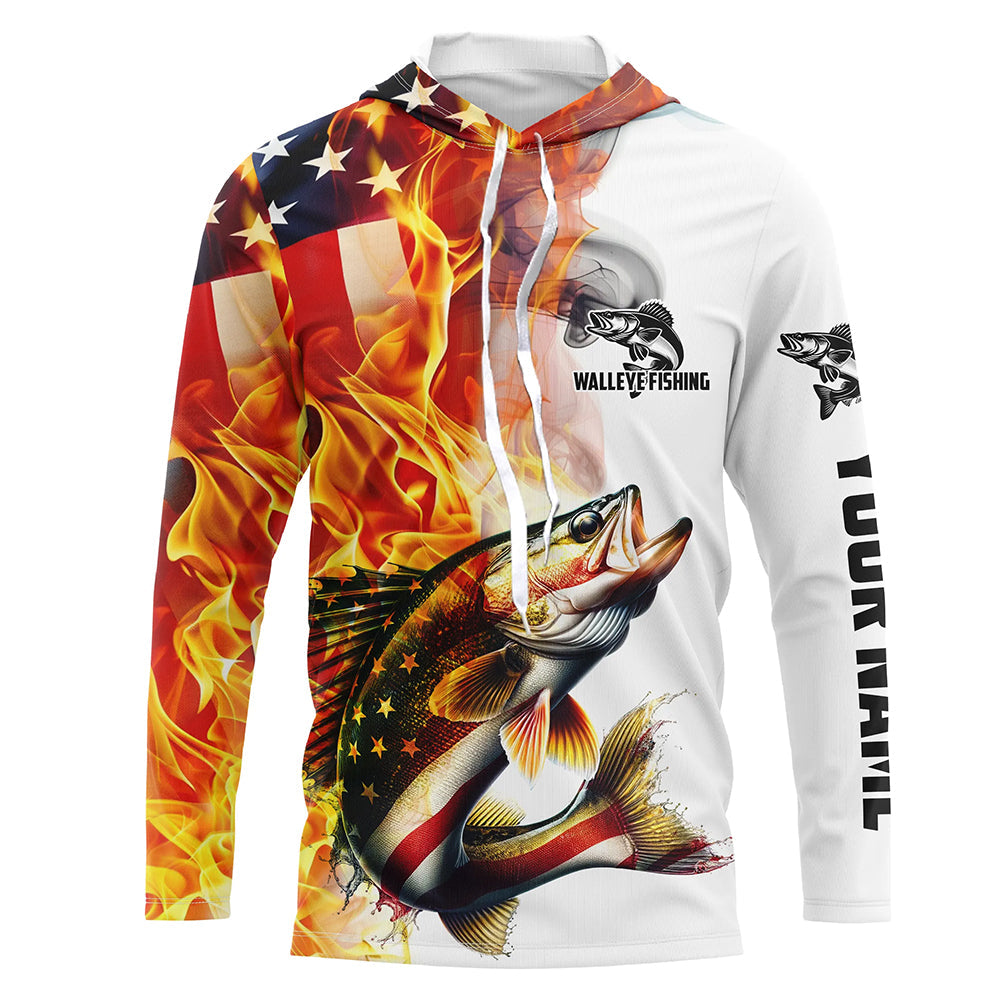 Flame American Flag Custom Walleye Fishing, Patriotic Walleye Long Sleeve Fishing