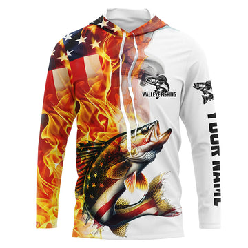 Flame American Flag Custom Walleye Fishing, Patriotic Walleye Long Sleeve Fishing