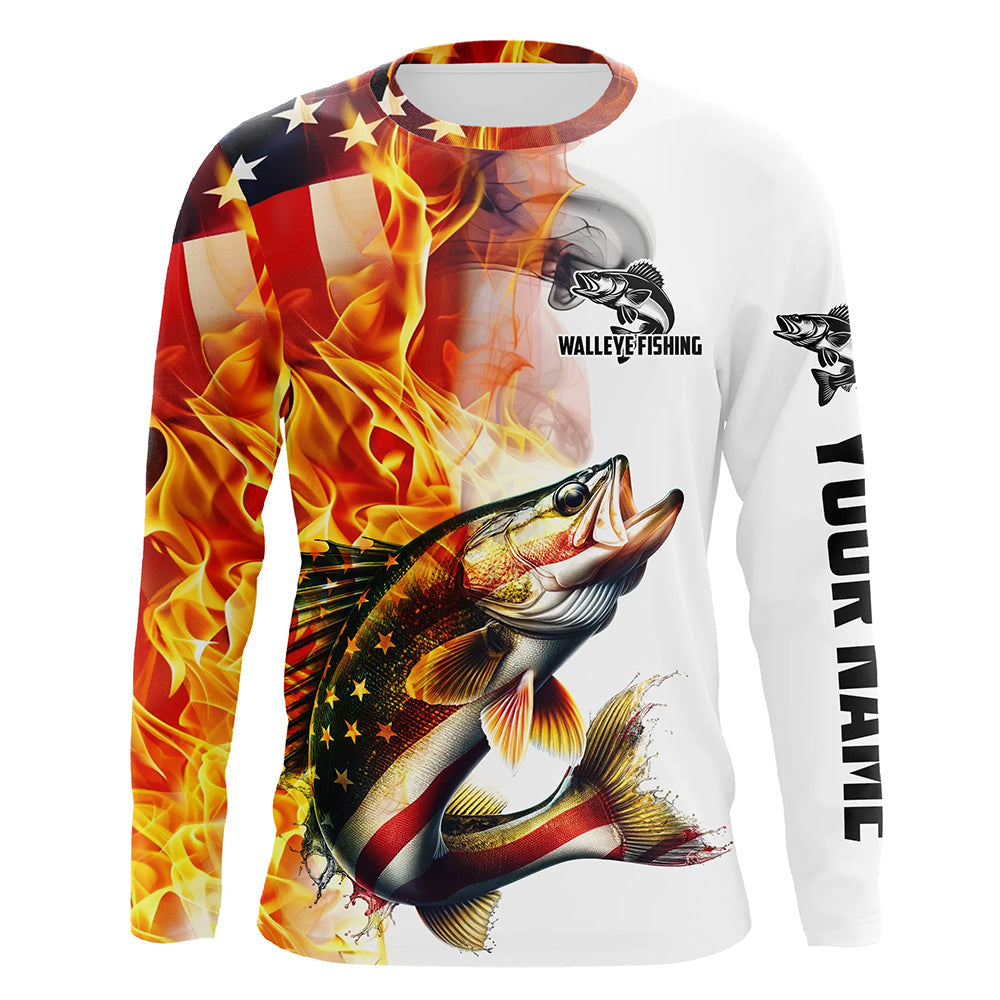 Flame American Flag Custom Walleye Fishing, Patriotic Walleye Long Sleeve Fishing