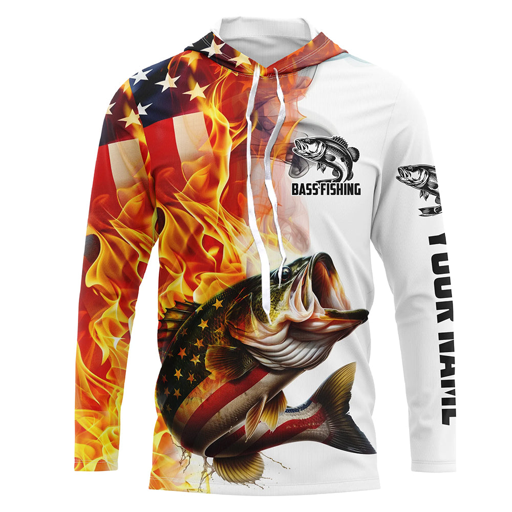 Flame American Flag Custom Bass Fishing, Patriotic Bass Long Sleeve Fishing