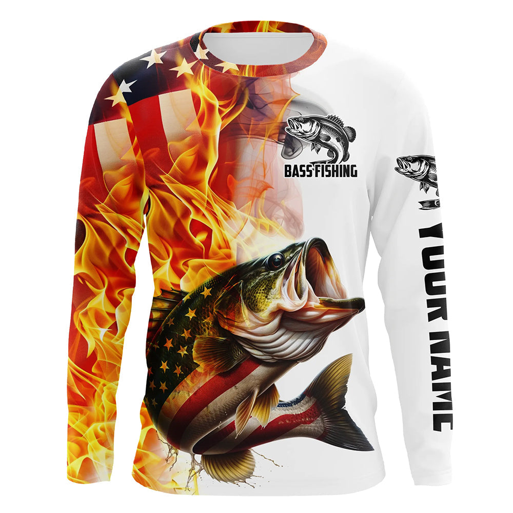 Flame American Flag Custom Bass Fishing, Patriotic Bass Long Sleeve Fishing