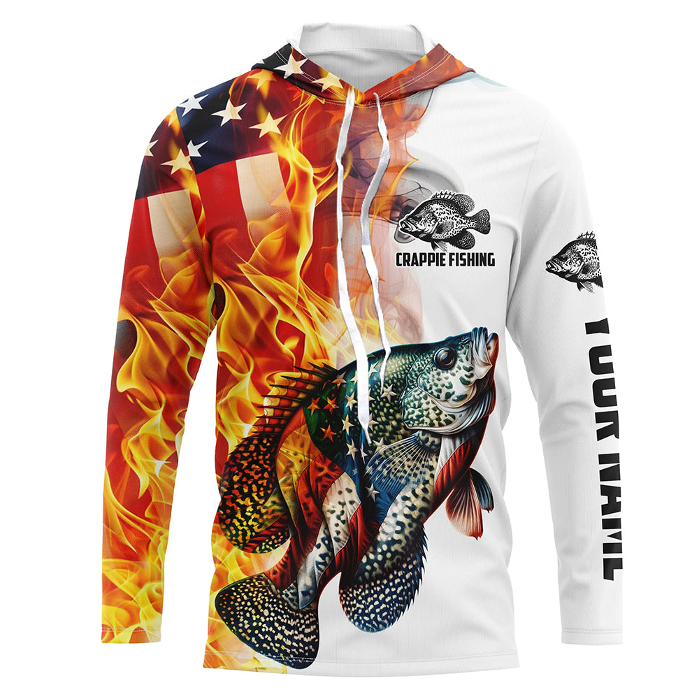 Flame American Flag Custom Crappie Fishing, Patriotic Crappie Long Sleeve Fishing