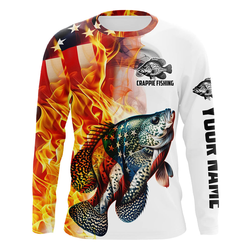 Flame American Flag Custom Crappie Fishing, Patriotic Crappie Long Sleeve Fishing