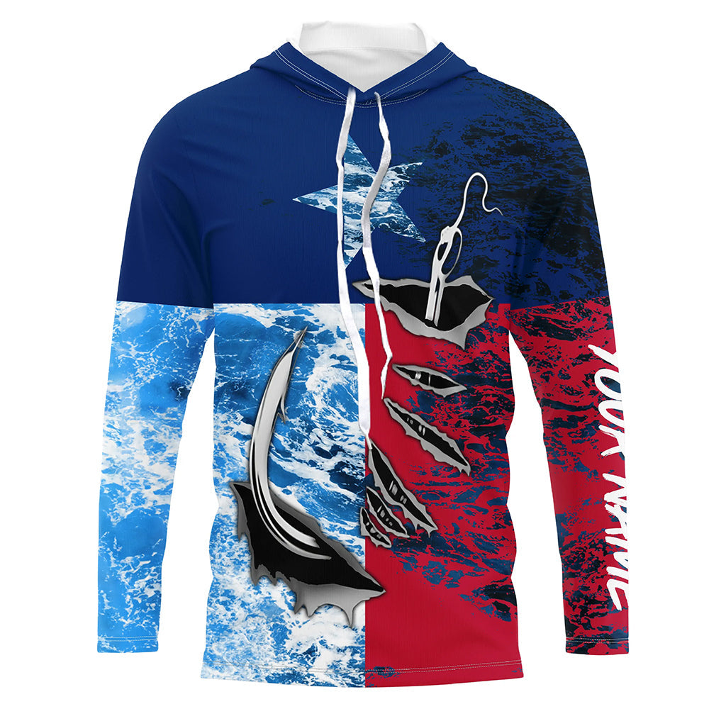 Texas Flag Fish Hook Custom Name Uv Long Sleeve Fishing With Ocean Waves Texture