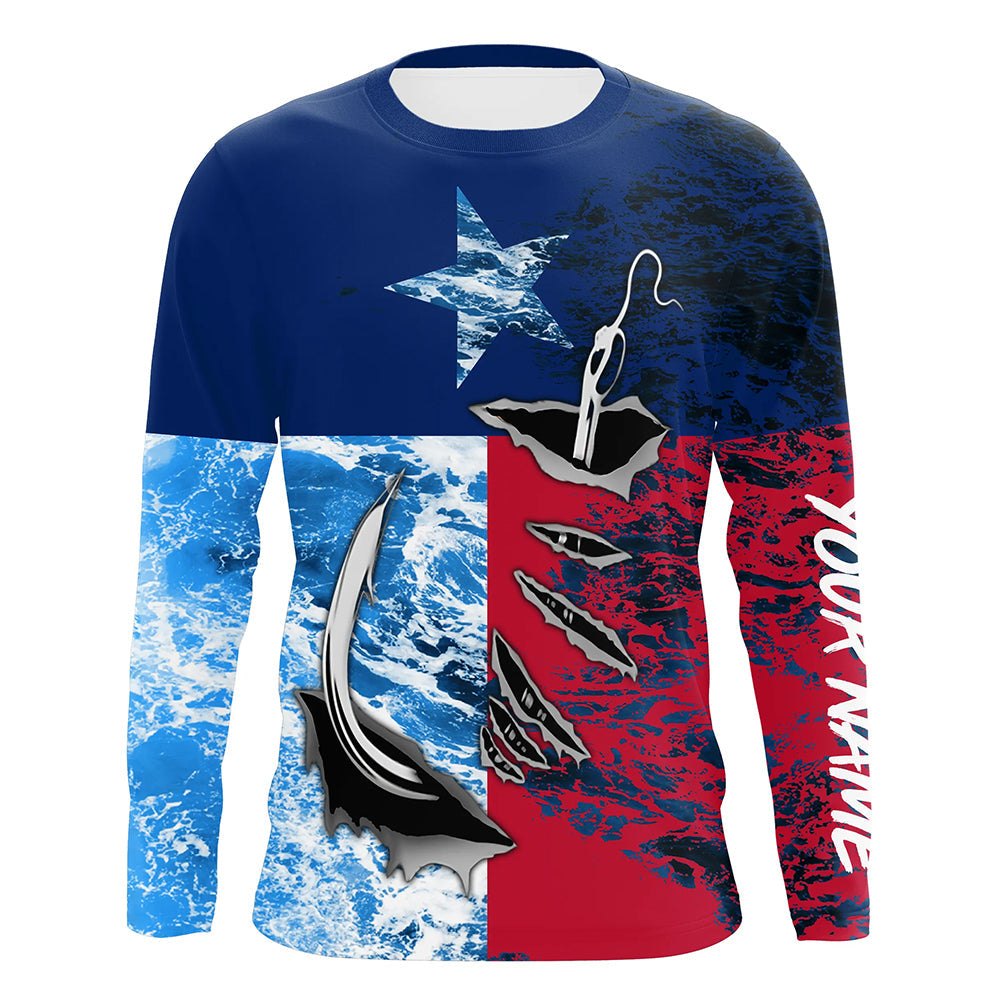 Texas Flag Fish Hook Custom Name Uv Long Sleeve Fishing With Ocean Waves Texture