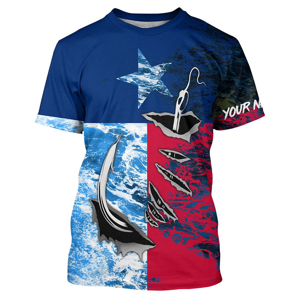Texas Flag Fish Hook Custom Name Uv Long Sleeve Fishing With Ocean Waves Texture