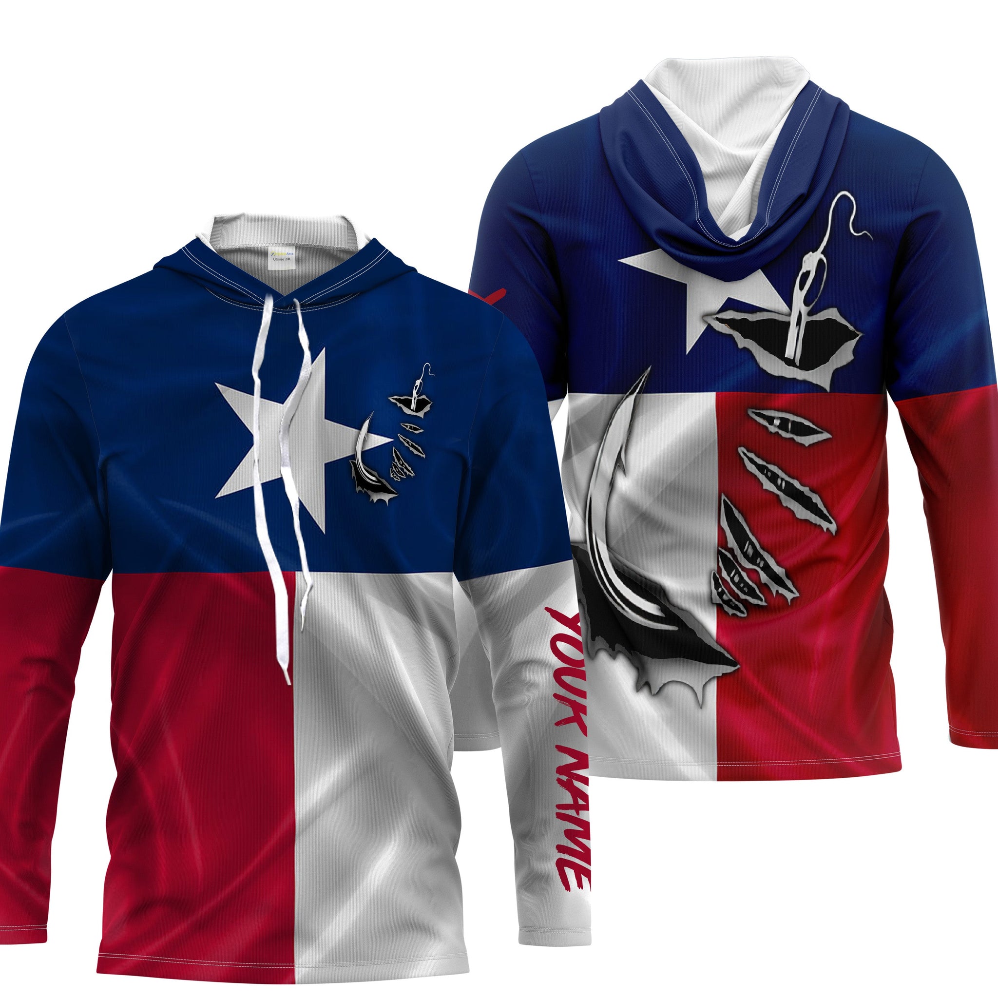 TX Fishing 3D Fish hook Texas Flag Patrotic Custom Long Sleeve performance Fishing gifts