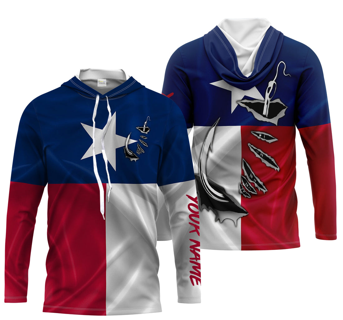 TX Fishing 3D Fish hook Texas Flag Patrotic Custom Long Sleeve performance Fishing gifts