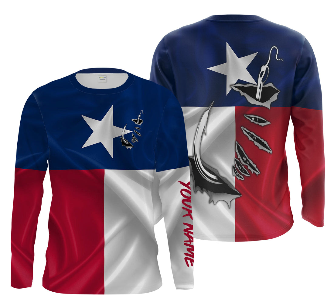 TX Fishing 3D Fish hook Texas Flag Patrotic Custom Long Sleeve performance Fishing gifts