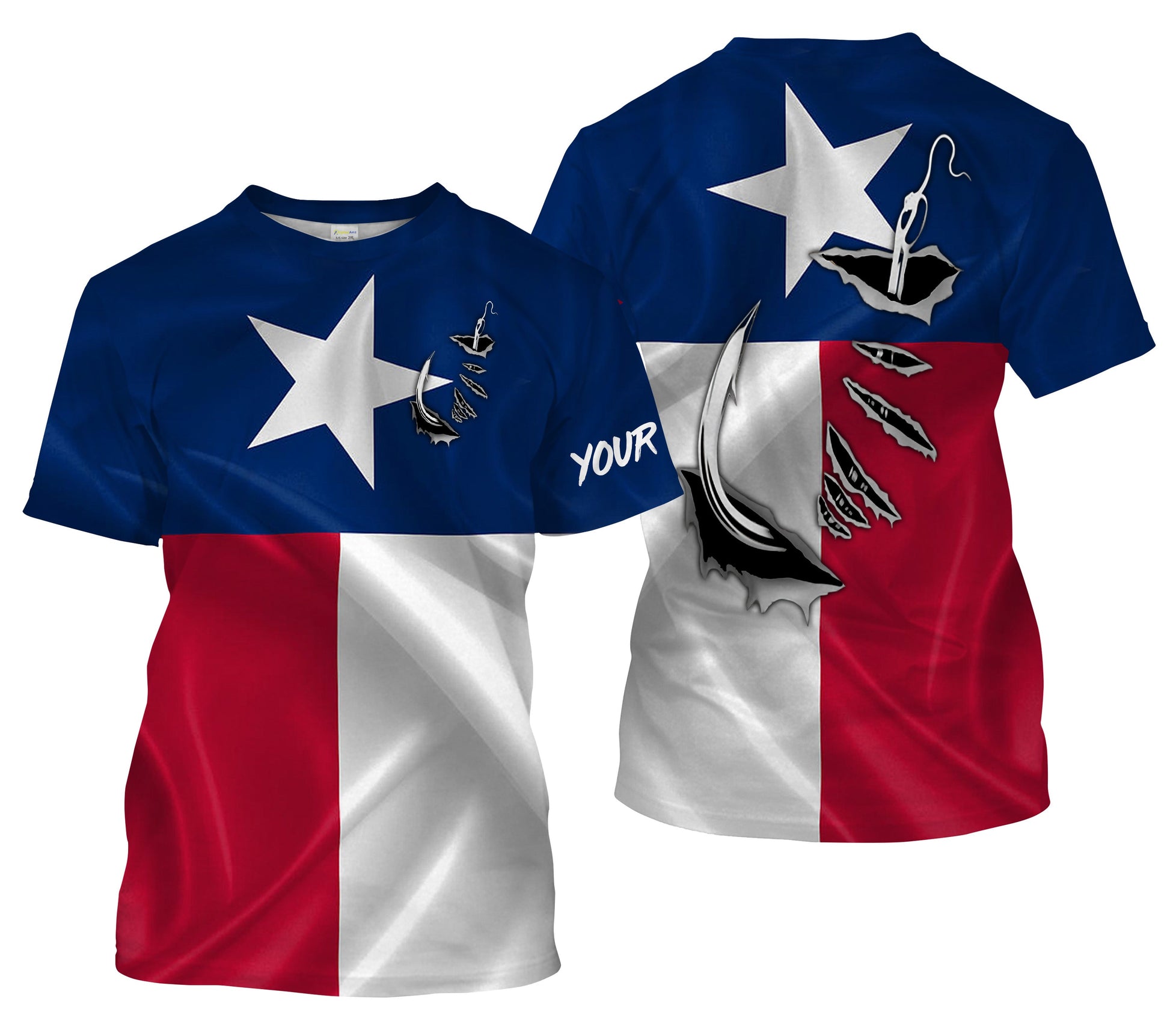 TX Fishing 3D Fish hook Texas Flag Patrotic Custom Long Sleeve performance Fishing gifts