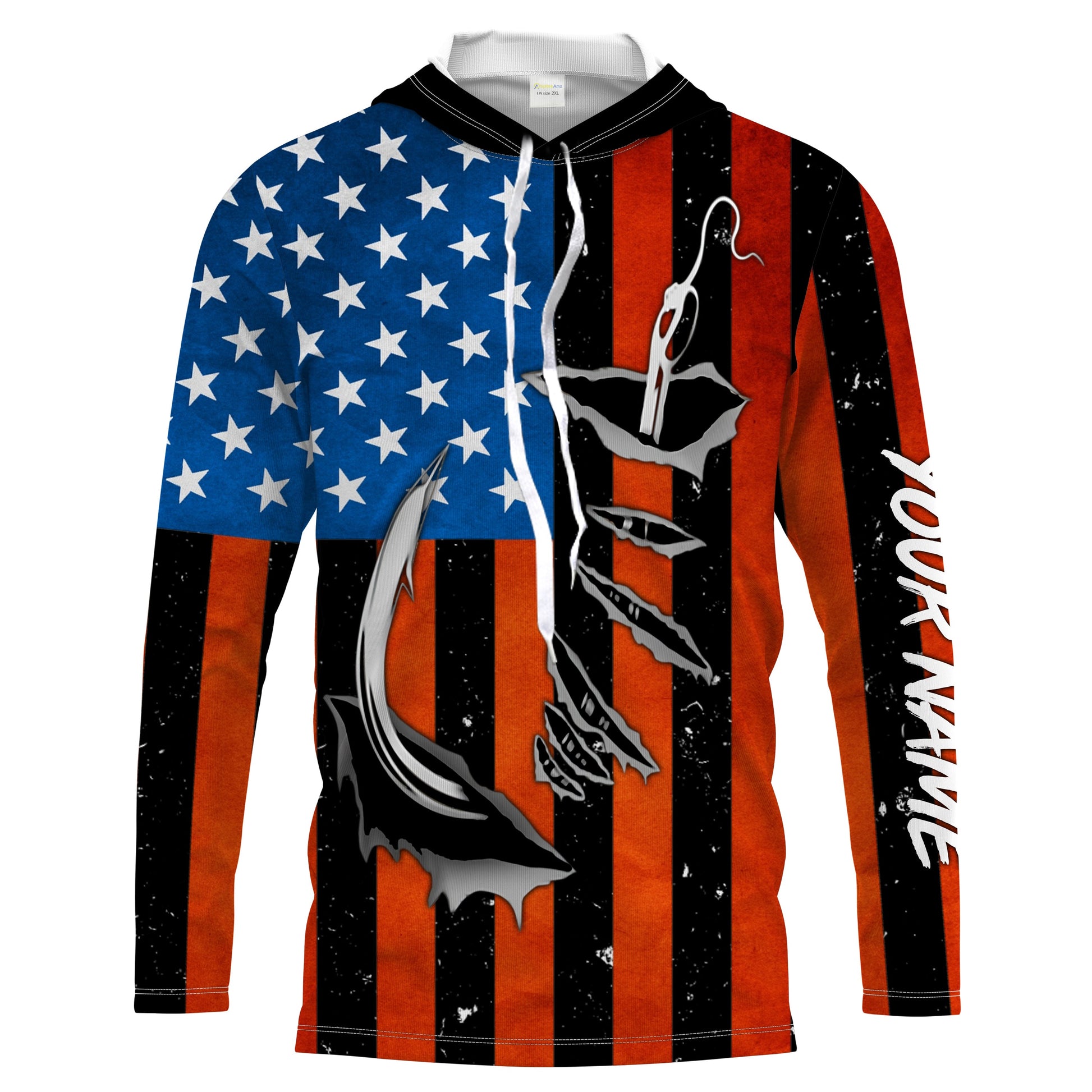 Personalized American Flag Fishing, Patriotic Fish hook Long sleeve performance Fishing