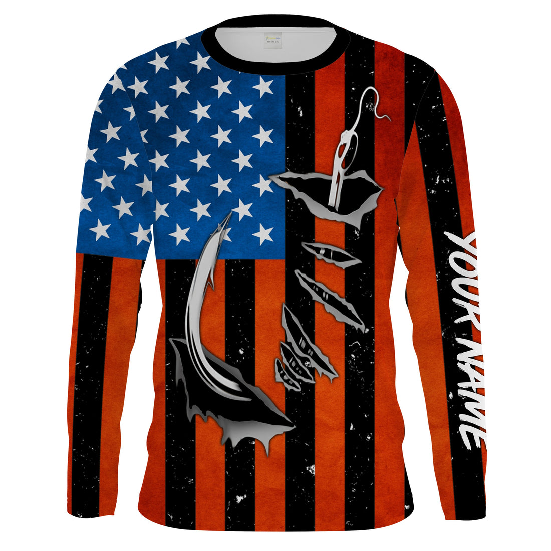 Personalized American Flag Fishing, Patriotic Fish hook Long sleeve performance Fishing
