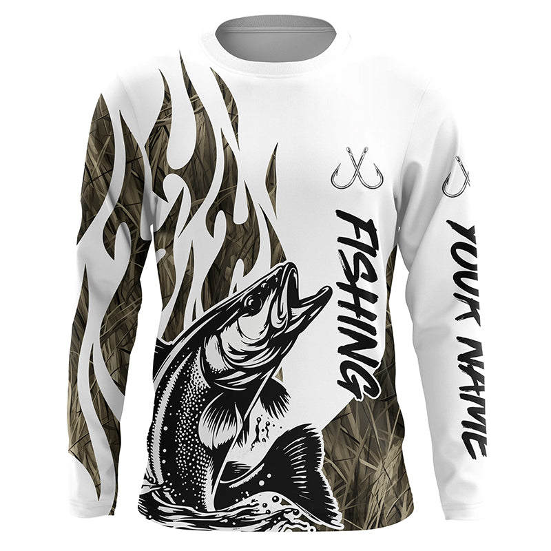 Walleye Fishing Camo Tattoo Custom Long Sleeve Fishing, Walleye Tournament Fishing