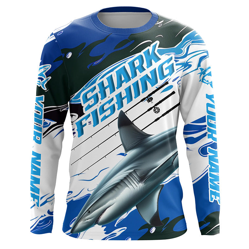 Blacktip Shark Fishing Custom Long Sleeve Performance, Shark Fishing Apparel | Blue Camo
