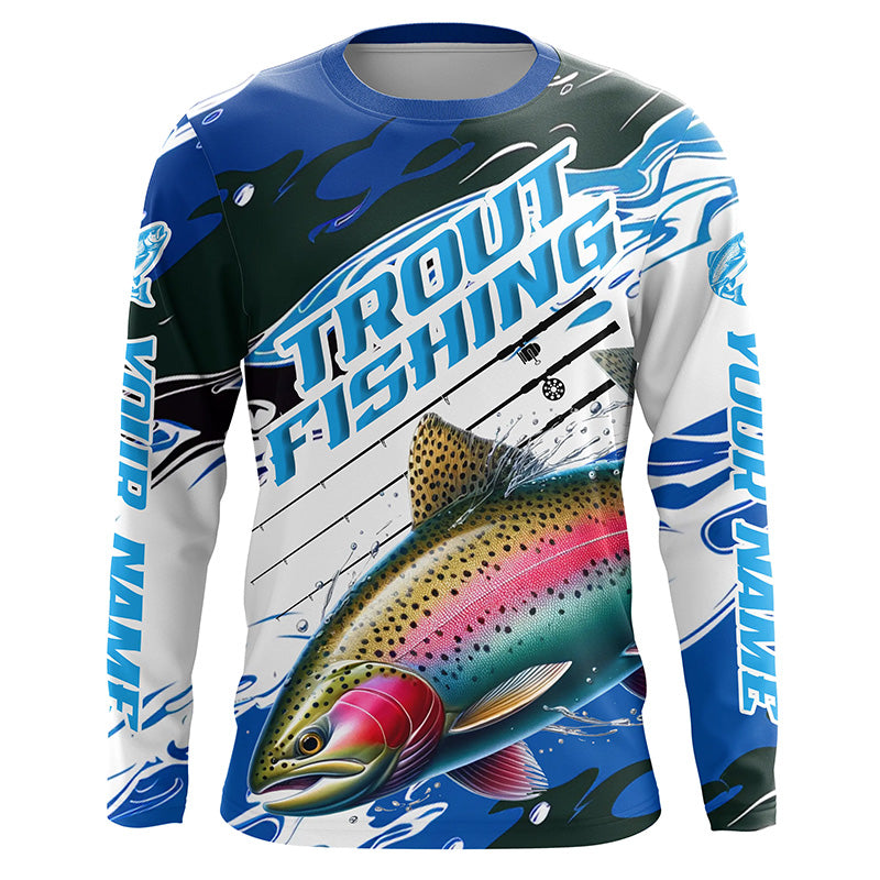 Rainbow Trout Custom Long Sleeve Fishing, Trout Fly Fishing | Blue Camo