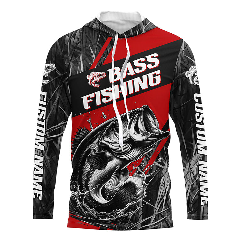 Black And Red Camo Bass Long Sleeve Tournament Fishing, Custom Bass Fishing