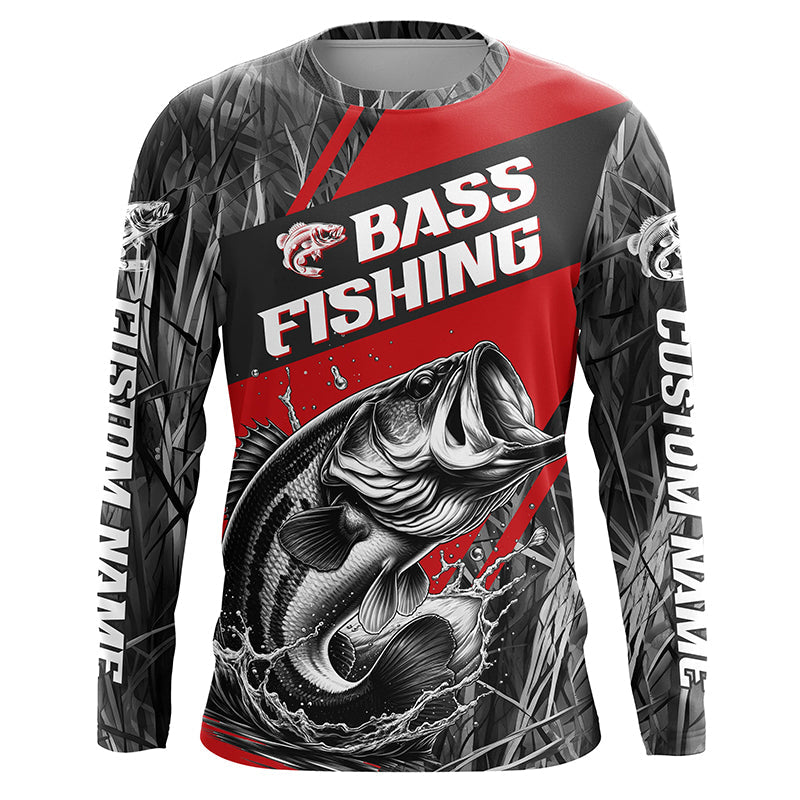 Black And Red Camo Bass Long Sleeve Tournament Fishing, Custom Bass Fishing