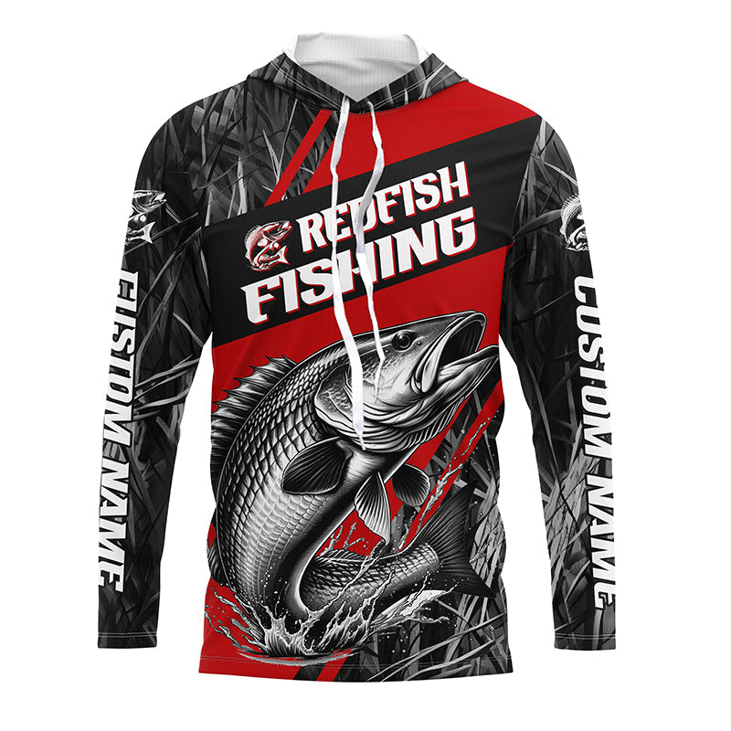 Black And Red Camo Redfish Long Sleeve Tournament Fishing, Custom Redfish Fishing