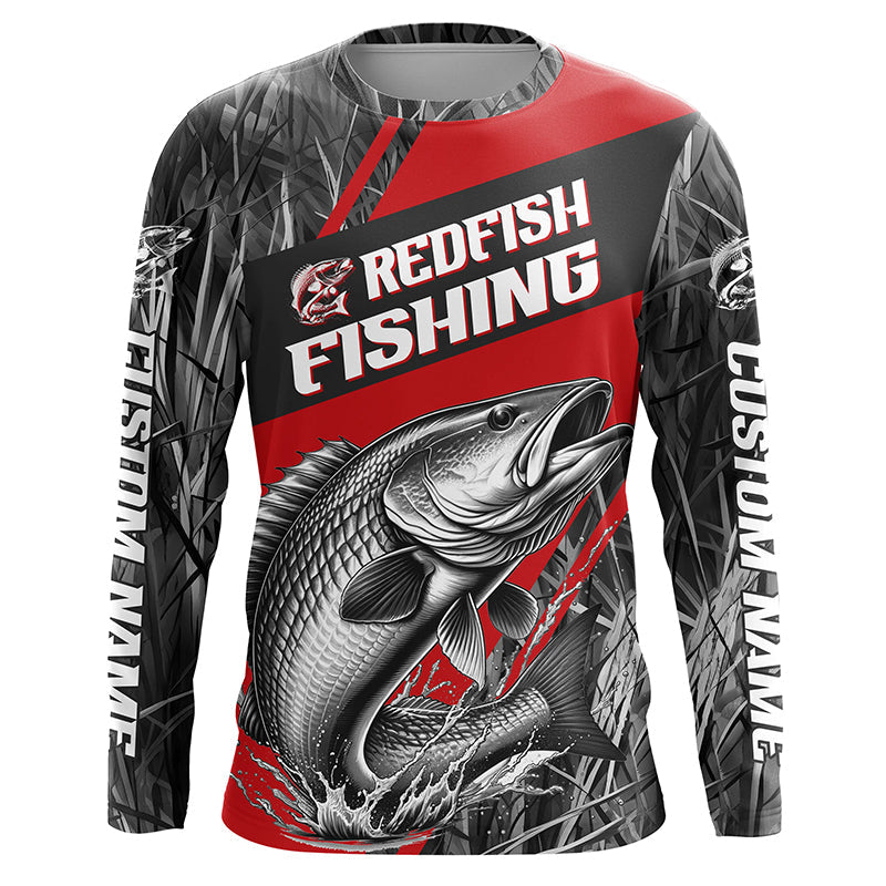 Black And Red Camo Redfish Long Sleeve Tournament Fishing, Custom Redfish Fishing