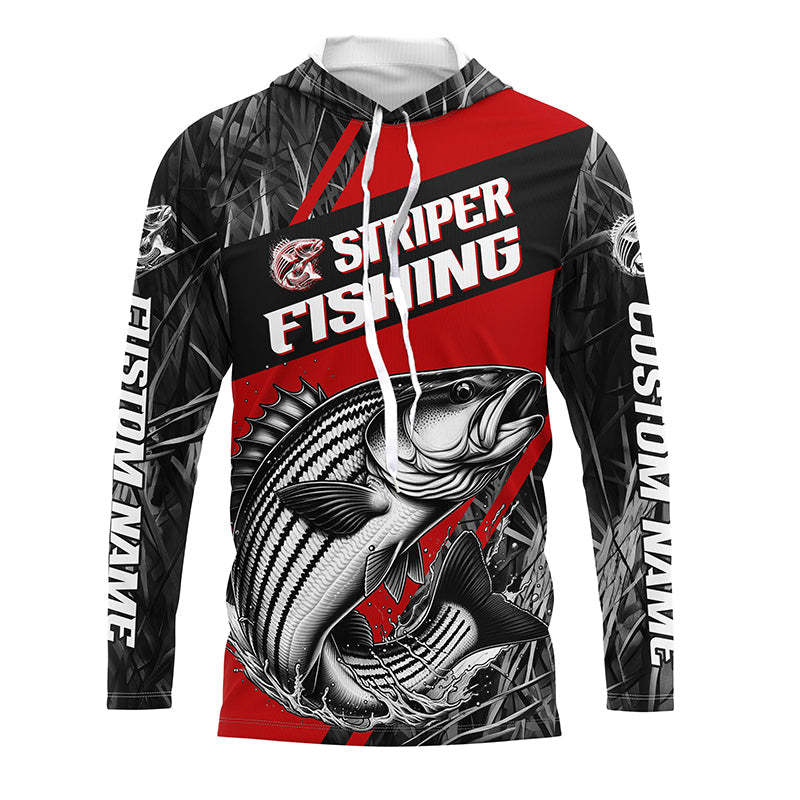 Black And Red Camo Striped Bass Long Sleeve Tournament Fishing, Custom Striper Fishing