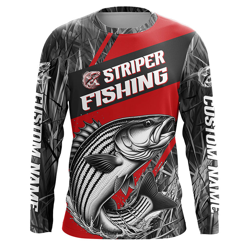 Black And Red Camo Striped Bass Long Sleeve Tournament Fishing, Custom Striper Fishing