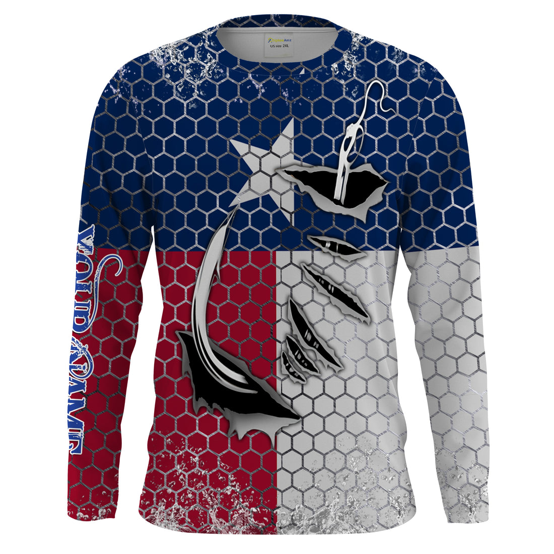 Custom Texas Flag Fishing, Texas Fish hook Long sleeve performance Fishing