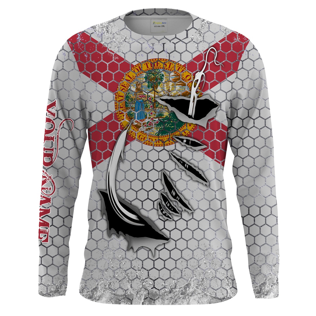 Custom Florida Flag Fishing, Florida Fish hook Long sleeve performance Fishing