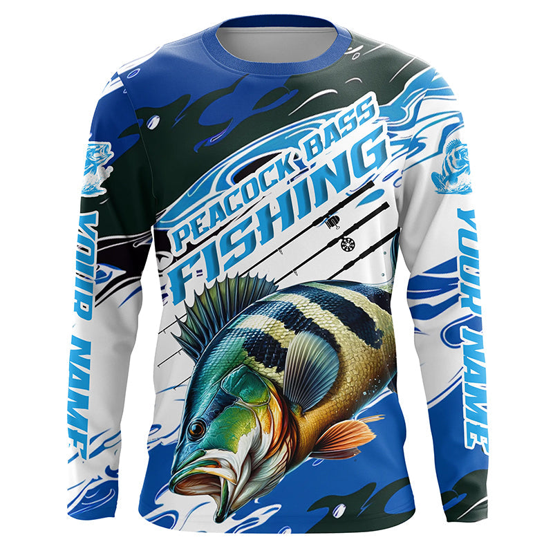 Custom Peacock Bass Fishing Blue Camo Long Sleeve, Peacock Bass Fishing