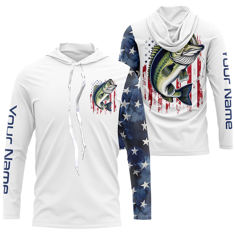American Flag Largemouth Bass Custom Long Sleeve Fishing, Us Patriotic Bass Fishing