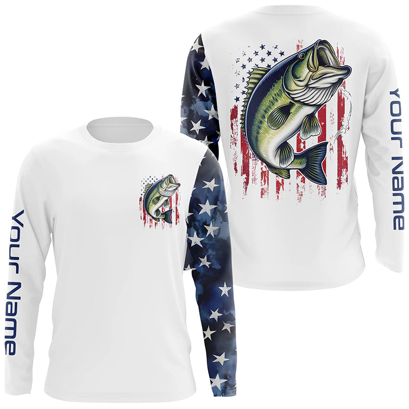American Flag Largemouth Bass Custom Long Sleeve Fishing, Us Patriotic Bass Fishing