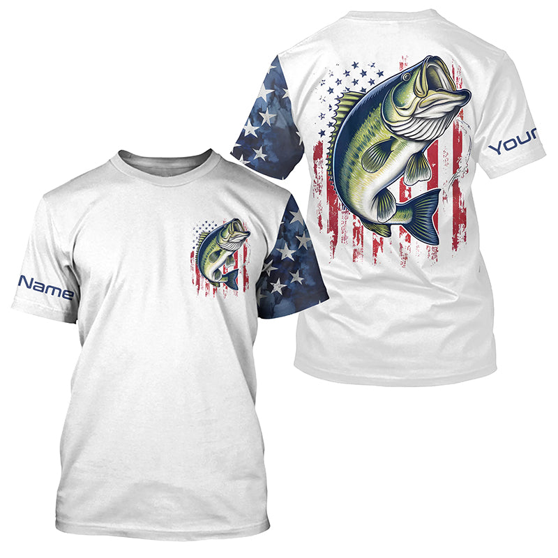 American Flag Largemouth Bass Custom Long Sleeve Fishing, Us Patriotic Bass Fishing