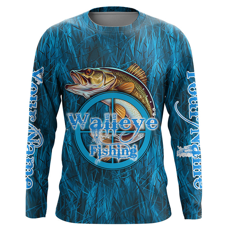 Personalized Walleye Long Sleeve Fishing, Walleye Tournament Fishing | Blue Camo