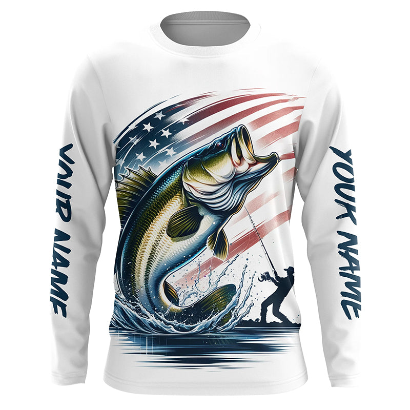 Personalized American Flag Bass Long Sleeve Fishing, Patriotic Bass Fishing
