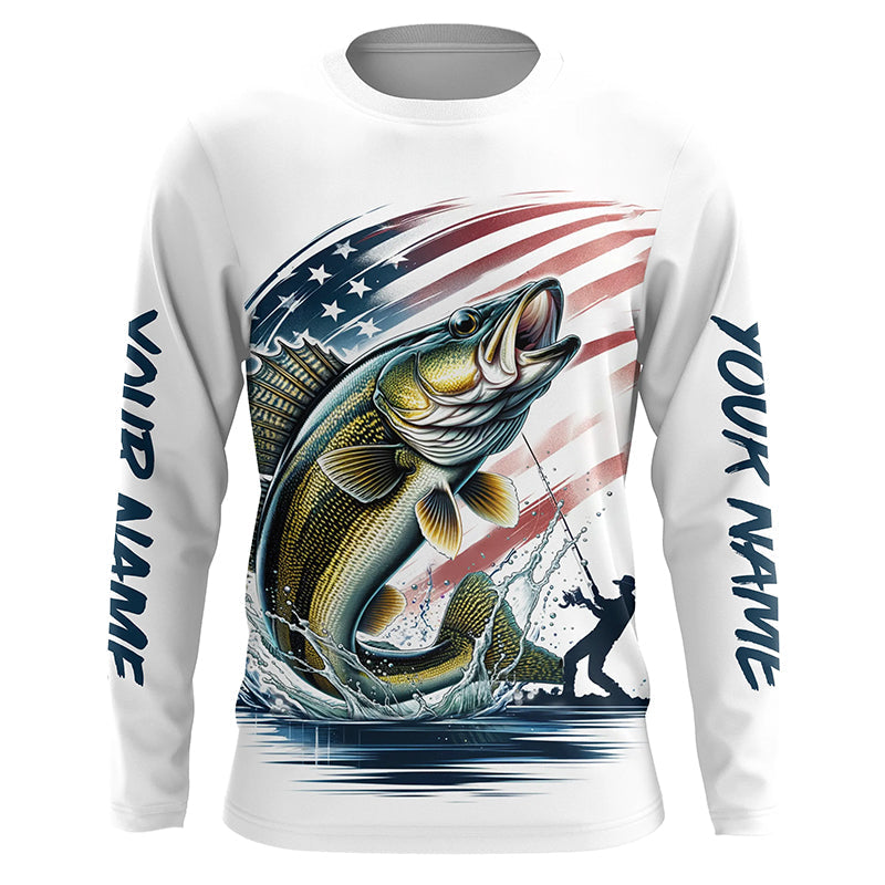 Personalized American Flag Walleye Long Sleeve Fishing, Patriotic Walleye Fishing