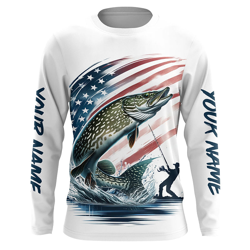Personalized American Flag Pike Long Sleeve Fishing, Patriotic Pike Fishing