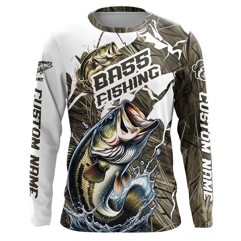 Custom Bass Fishing, Largemouth Bass Long Sleeve Fishing League | Grass Camo