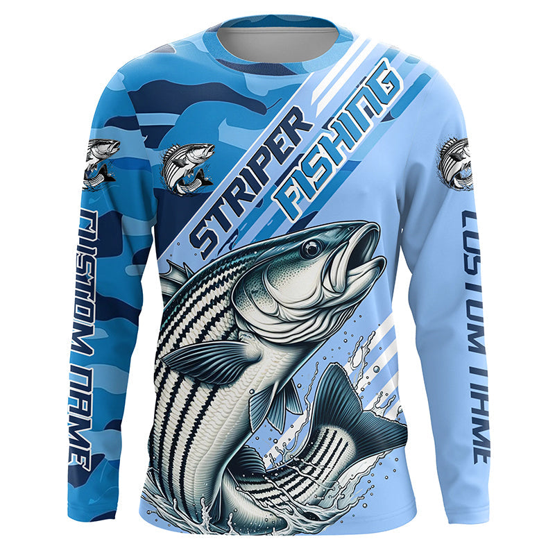 Custom Striped Bass Fishing Long Sleeve, Striper Saltwater Fishing | Blue Camo