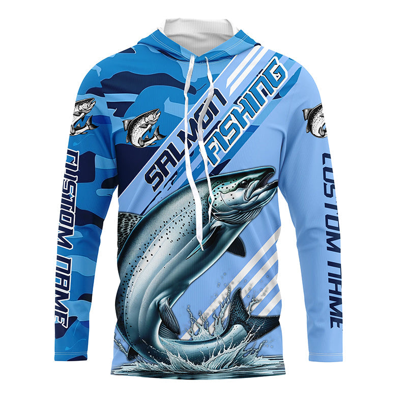 Custom Chinook Salmon Fishing Long Sleeve, King Salmon Saltwater Fishing | Blue Camo