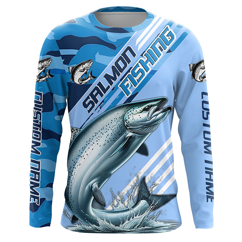 Custom Chinook Salmon Fishing Long Sleeve, King Salmon Saltwater Fishing | Blue Camo