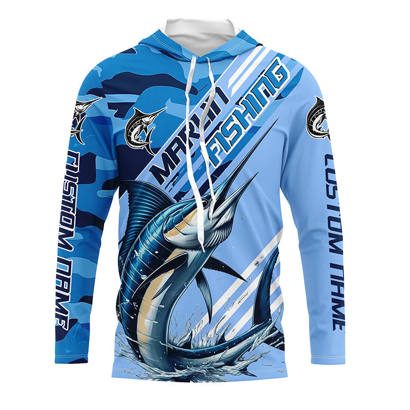 Custom Marlin Fishing Long Sleeve, Marlin Saltwater Fishing | Blue Camo
